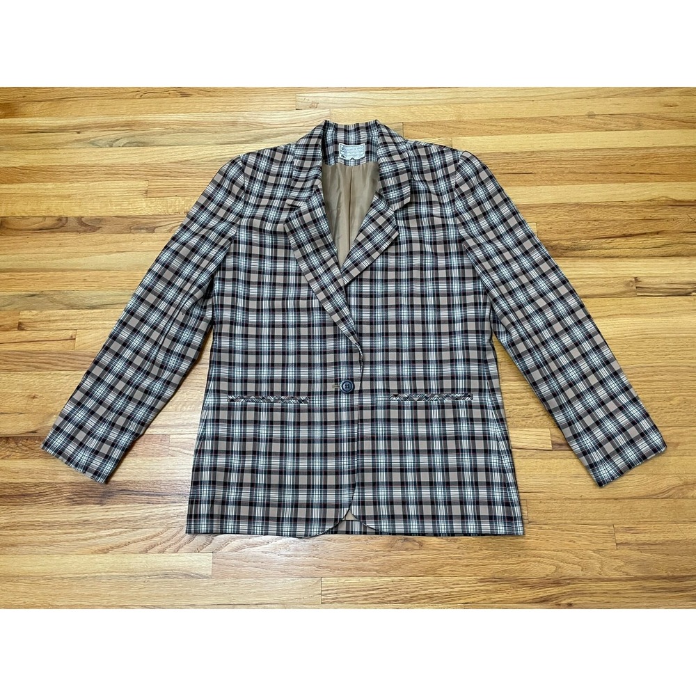 Vintage Pendleton Blazer Suit Jacket Women's Brown Plaid Ventless Virgin Wool 12